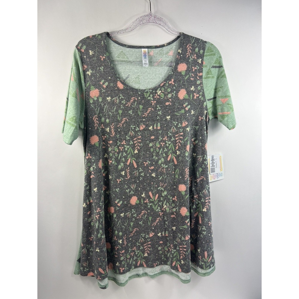 NWT LulaRoe Blouse Women's Plus Sz S  Gray Floral/Green Sleeves &‎ Back Hi Low